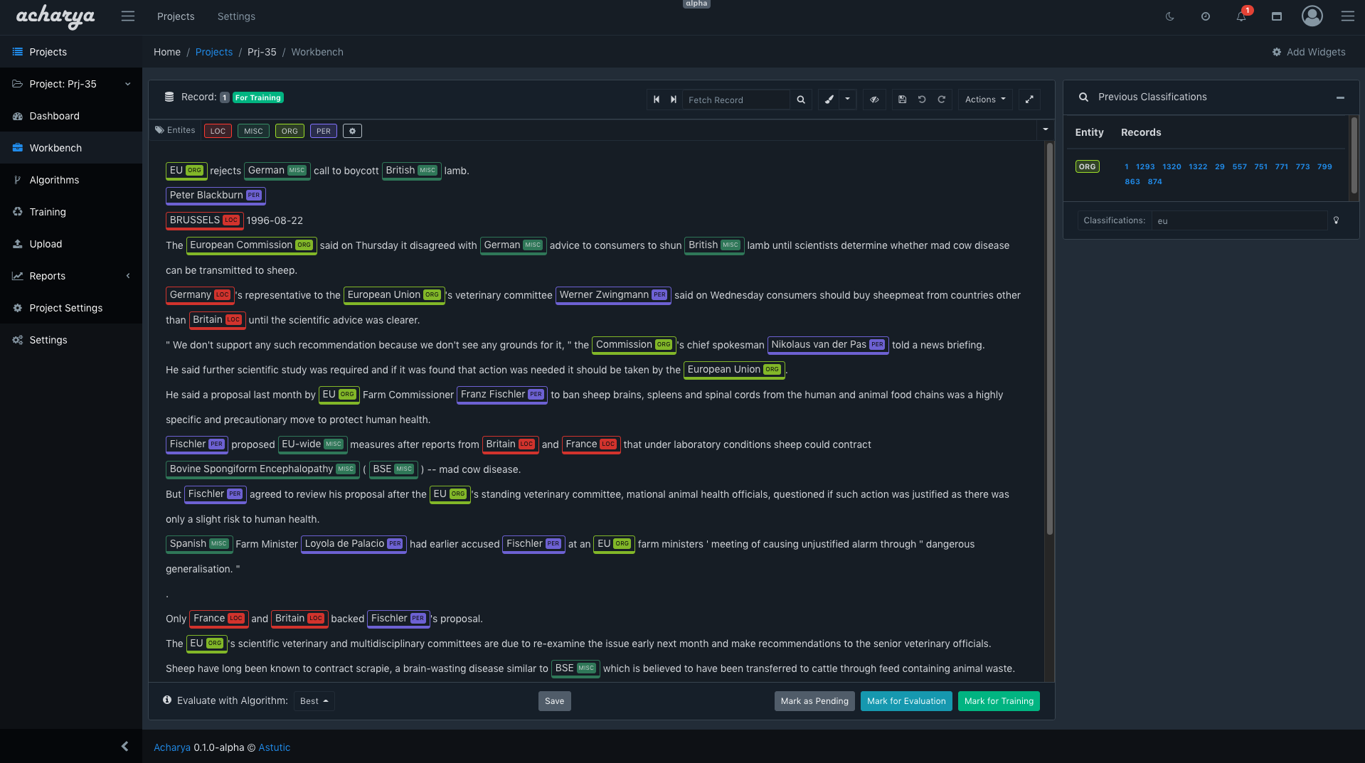 Acharya workbench dark UI